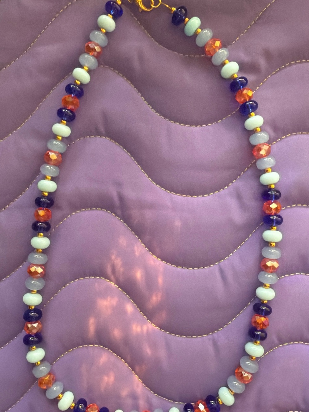 Handmade Beaded Necklace in Navy Blue, Light Blue, and Orange